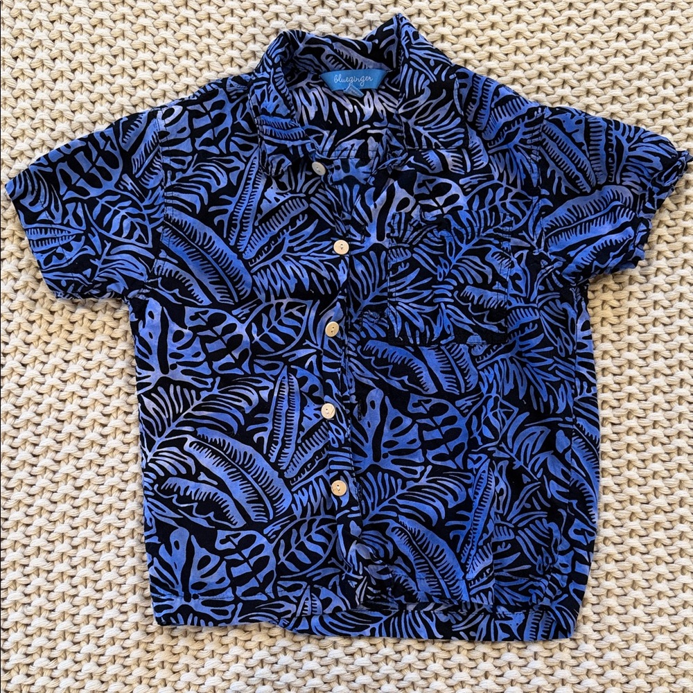 💙 Tropical Leaf Kids Button-Down Shirt Blue Ginger Aloha Shirt 🌴💙